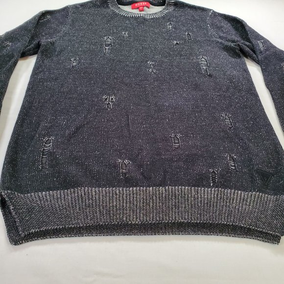 Guess Sweater Men Large Black Tight Knit Slim Oversized Tattered Look Split Hem - Picture 8 of 16